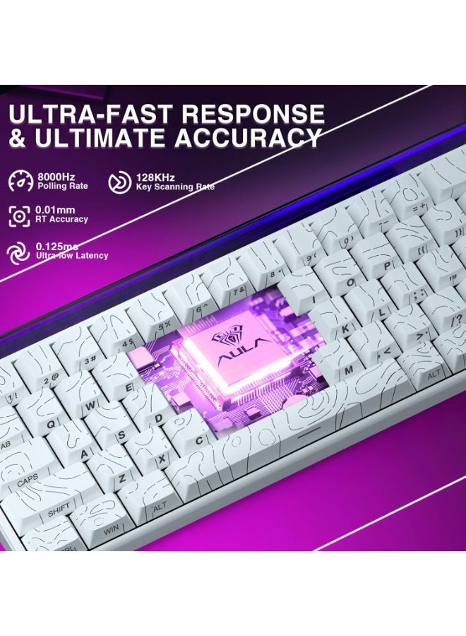 أولا لوحة مفاتيح ألعاب سلكية AULA Hero 68 HE بحجم ‎60%‎، تعمل بتقنية المفاتيح المغناطيسية ذات التأثير القاعي، وبمعدل استجابة 8000 هرتز، مع أغطية مفاتيح من مادة بلاستيكية عالية المتانة مطبوع عليها من الجانب، وإضاءة خلفية متعددة الألوان مع صندوق إضاءة، وبرنامج تحكم قابل للتخصيص لأجهزة الكمبيوتر، مخصّصة للاعبين – باللون الأبيض – بنمط التصميم الانسيابي. - Image 2